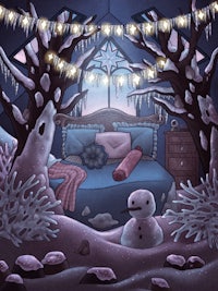 a bed with a snowman on it
