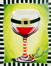 a painting of a wine glass with a santa hat on it