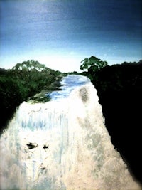 a painting of a river with a waterfall