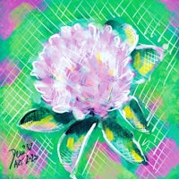 a painting of a pink flower on a green background