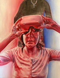 a painting of a woman holding a virtual reality headset