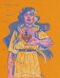 a drawing of a woman holding a heart