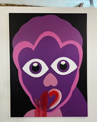a painting of a purple face with red lips
