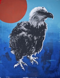 a painting of an eagle in front of a red sun