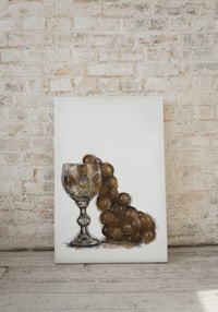 a painting of grapes in a glass on a brick wall