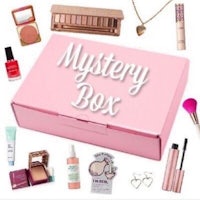 a pink mystery box with cosmetics and other items
