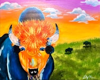 a painting of a bison in a field at sunset