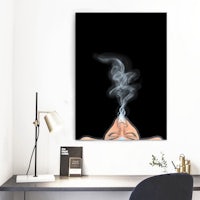 a woman's face with smoke coming out of her mouth on a black wall