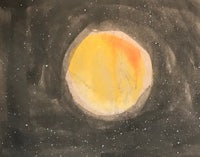 a painting of a yellow moon with stars in the background