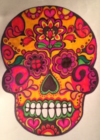 a colorful drawing of a sugar skull