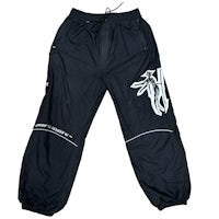 a black jogging pant with a white logo on it