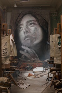 a painting of a woman in an art studio