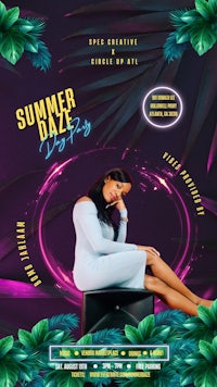 a flyer for summer daze with a woman sitting on a chair