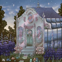 a painting of a fairy house in a garden