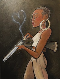 a painting of a woman holding a gun