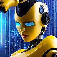 an image of a yellow robot with blue eyes