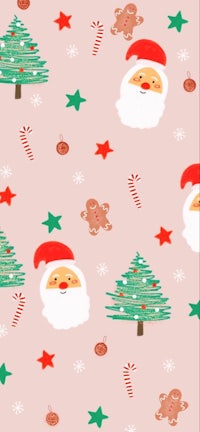santa claus and christmas trees on a pink background