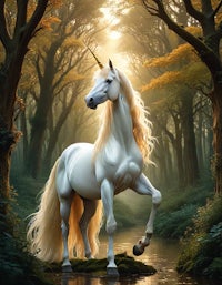 a white unicorn standing in a wooded area
