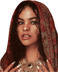 a woman wearing a red scarf and gold jewelry
