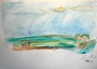 a watercolor painting of a landscape with trees
