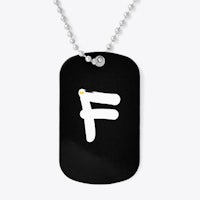 a black dog tag with the letter f on it