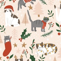 a seamless pattern with cats and christmas trees