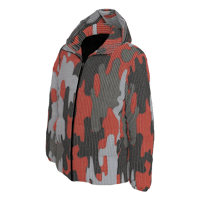 a red and gray camouflage hooded jacket