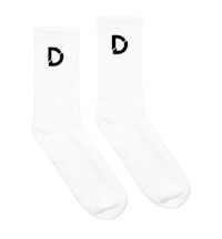 a pair of white socks with the letter d on them