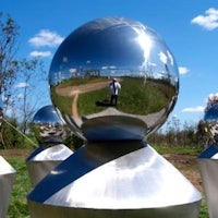a group of silver spheres in a field