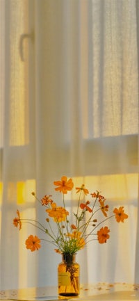 flowers in a vase on a table in front of a window