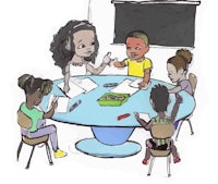 a drawing of a group of children sitting around a table