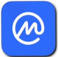 a blue button with the letter m on it