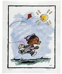 a drawing of a boy running with a kite