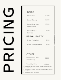 a black and white price list for a wedding