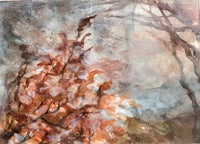 a watercolor painting of a tree in a forest