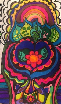 a colorful drawing of a psychedelic head