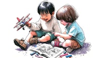 two children are playing with a book and a toy airplane
