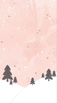 a pink snowy background with stars and trees