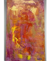 an abstract painting with red, yellow and orange colors
