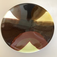 a plate with a brown, yellow, and brown design