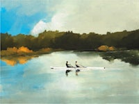 a painting of two people rowing on a river
