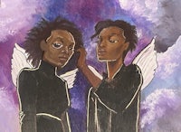 a painting of two black women with angel wings