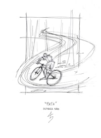 a sketch of a person riding a bicycle down a road