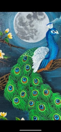 a painting of a peacock on a branch with a moon in the background