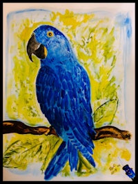 a painting of a blue parrot sitting on a branch