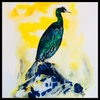 a watercolor painting of a bird perched on a rock