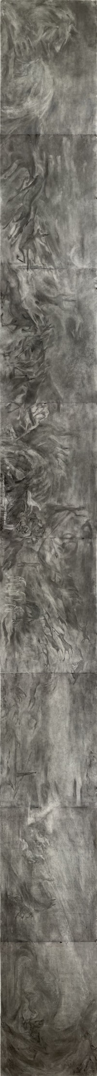 a black and white painting with a gray background