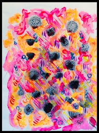 an abstract painting with pink, orange, and black colors