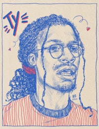 a drawing of a man with dreadlocks and glasses