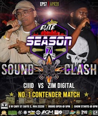 a flyer for a sound clash with two men in front of a microphone